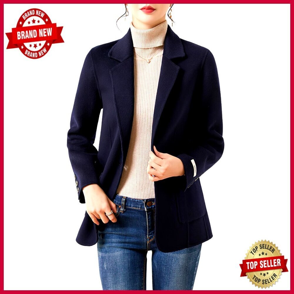 Wool Blend Blazer Pea Coat Notched Lapel Button Office Jacket Pockets